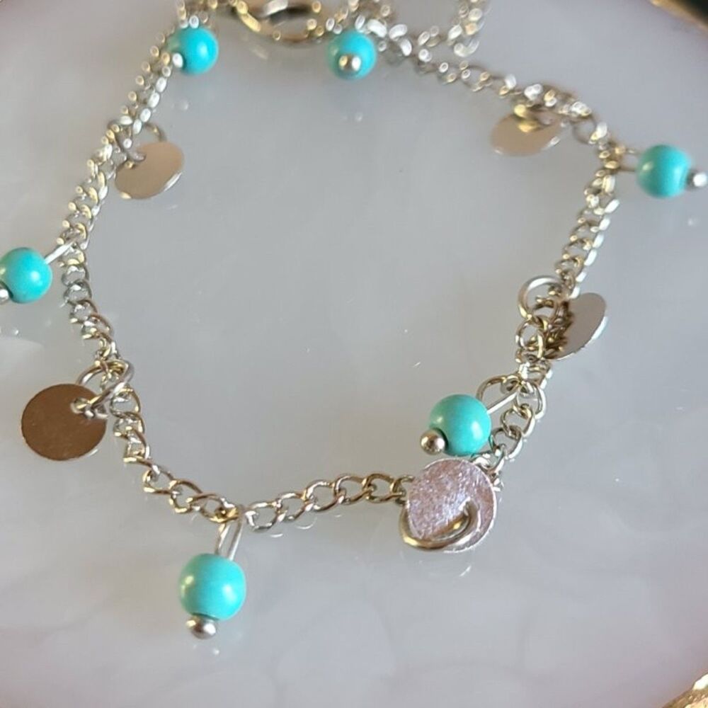 Boho Turquoise Bead Disc Charm Dangle Bracelet 6.5" Silver Tone Western Gypsy